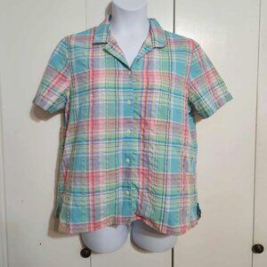 Size 16 Alfred Dunner Pink and Blue Pastel Plaid Seersucker Button Down Blouse